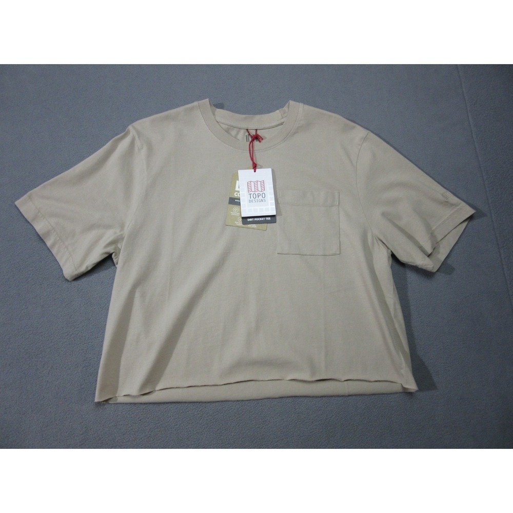 Topo Designs Shirt Mens Large Beige Dirt Pocket Embroidered Cropped Cobblestone